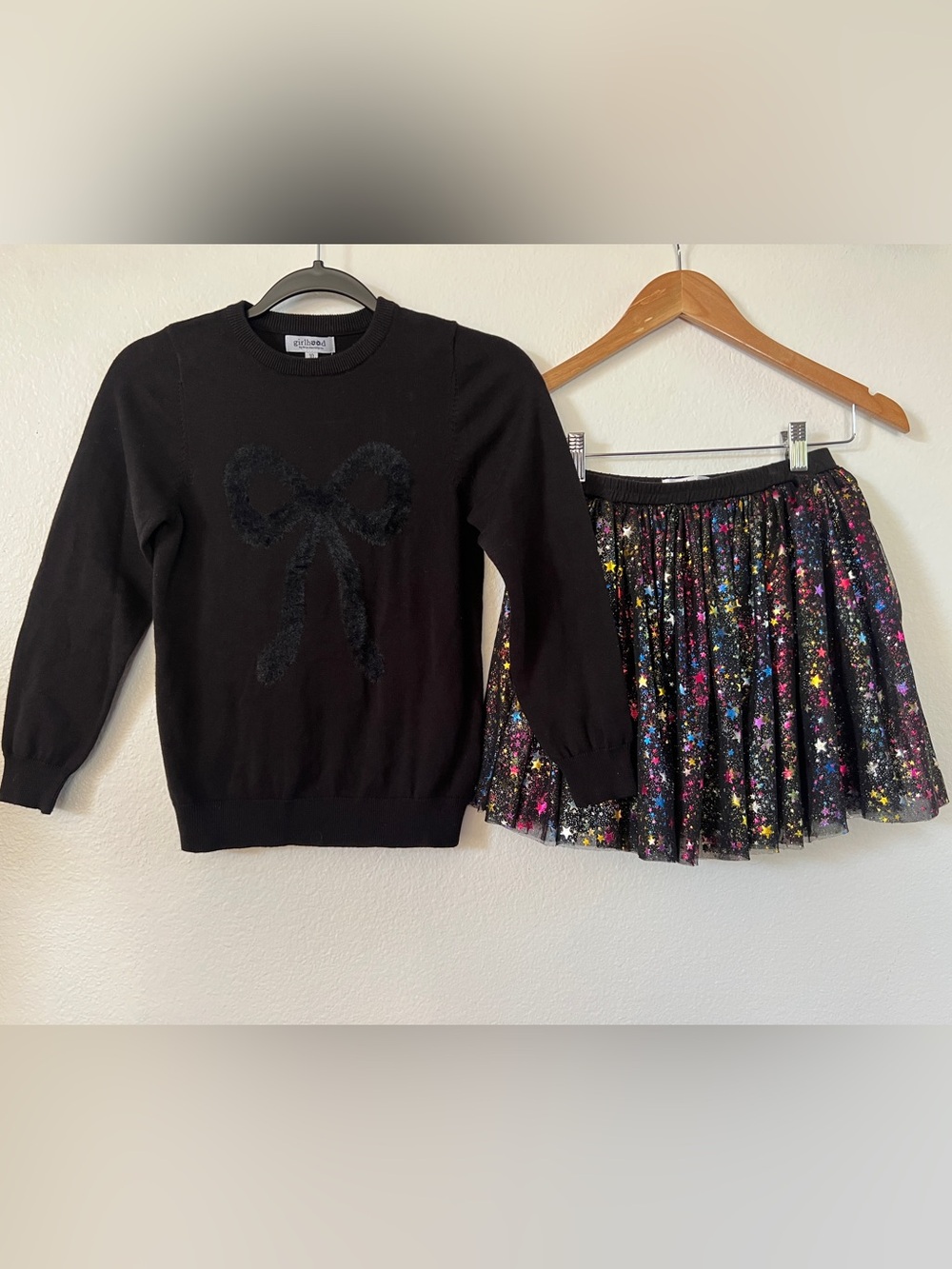 Girlhood Black Bow Sweater with Starry Multi-Color Skirt